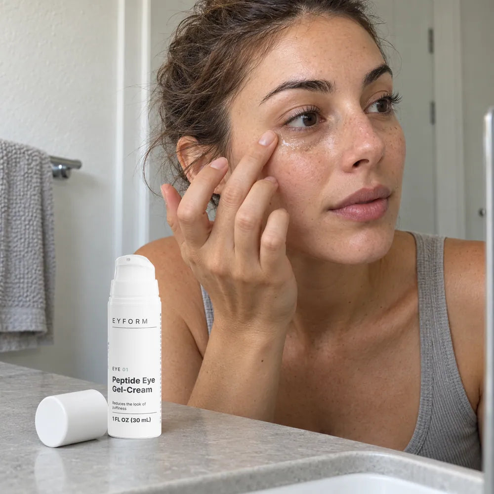 An adult applying EYE 01 along the orbital bone at a bathroom mirror