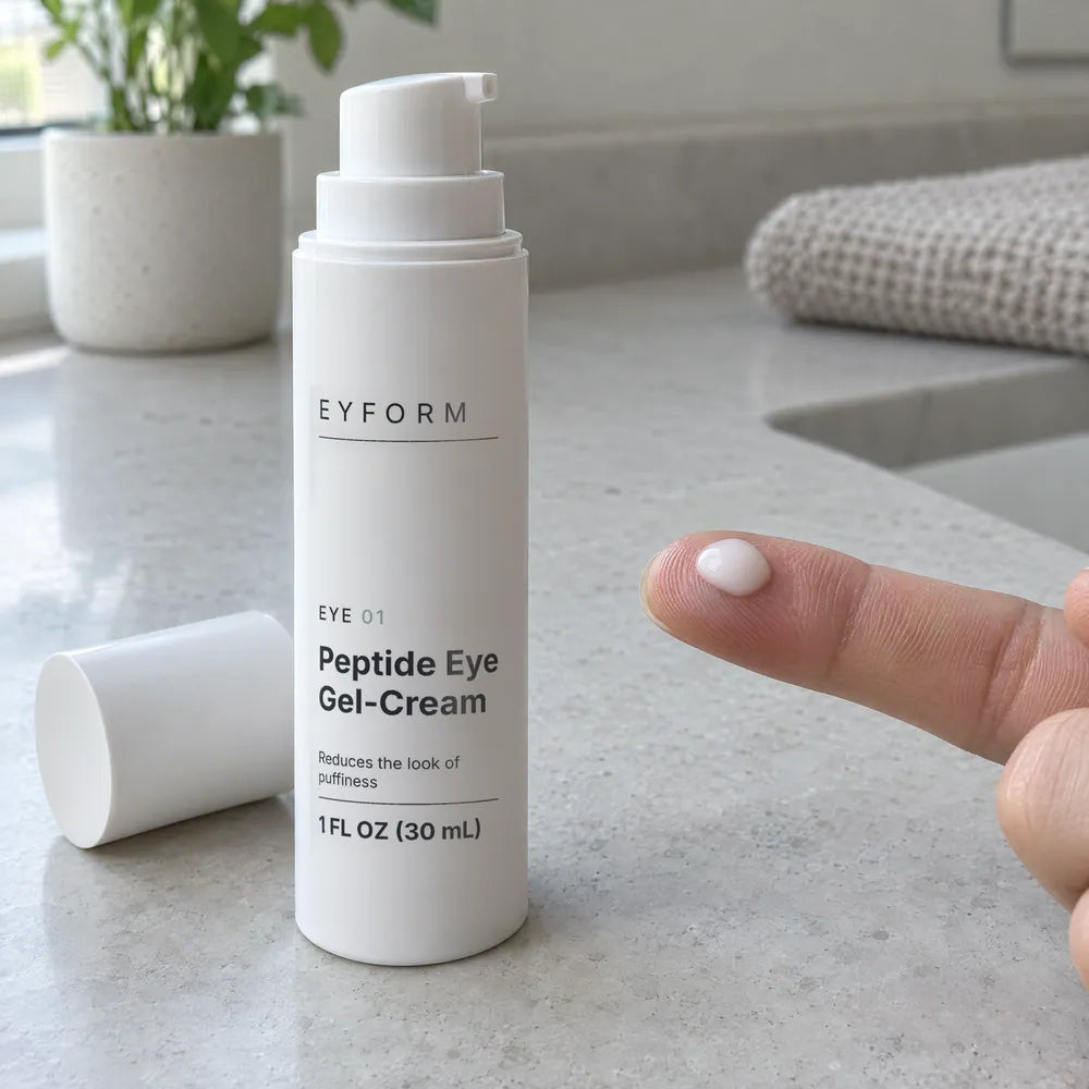 A dime-sized dot of EYE 01 on a fingertip beside the open bottle