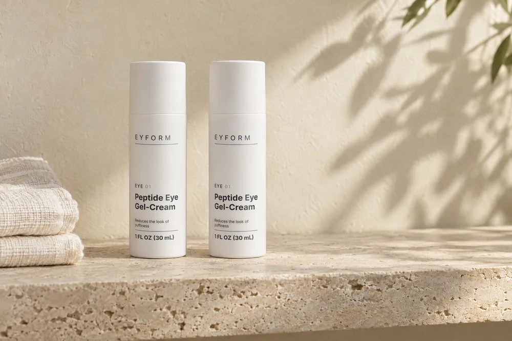 Two EYE 01 bottles side by side on a travertine shelf