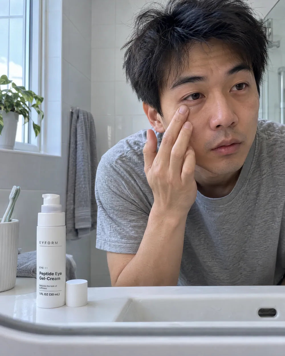 A man at a bathroom mirror early in the morning patting EYE 01 under his eye, the open bottle on the sink