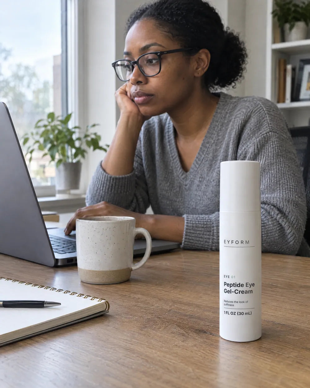A woman in glasses at her laptop in the afternoon, EYE 01 on the desk in front of her