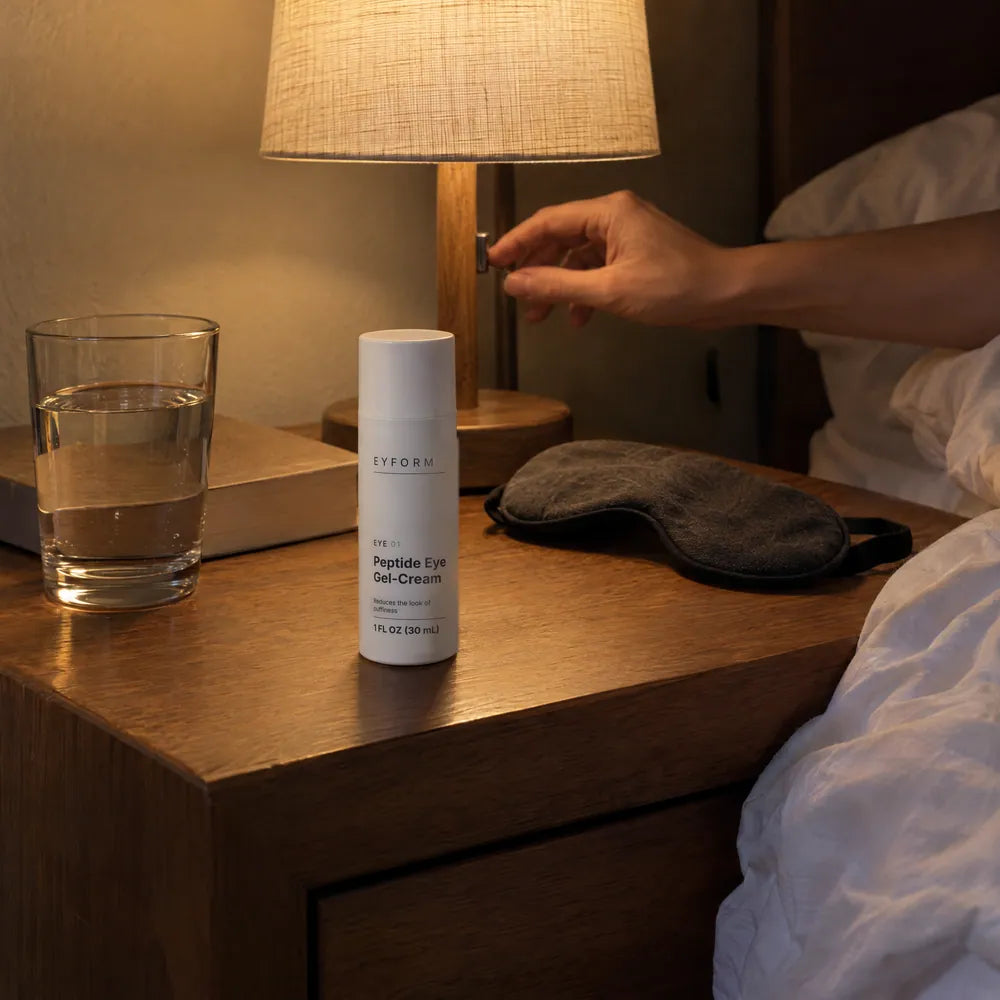 EYE 01 on a nightstand beside a sleep mask and a glass of water
