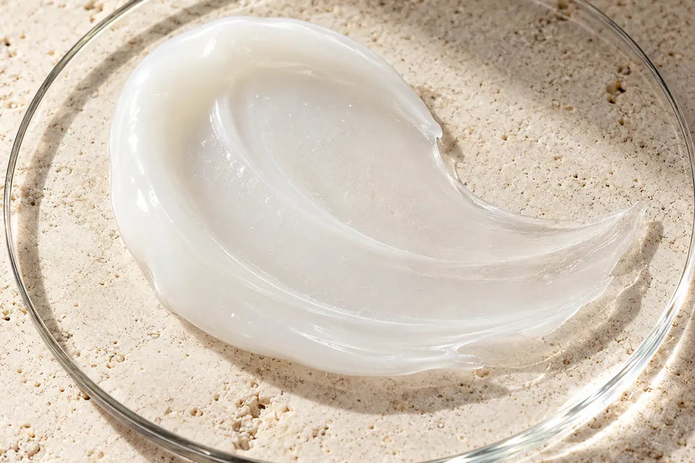 A swirl of the lightweight gel-cream in a glass dish